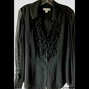 Coldwater Creek Black Ruffle Front Silk Lined Poly Crepe Blouse PXL 18